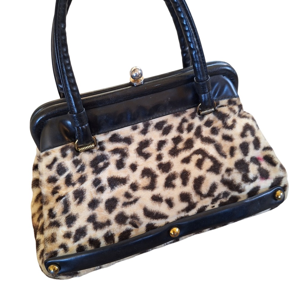 Vintage 60s Leopard Faux Fur Frame Kiss Lock Doctor Bag Purse Old Hollywood